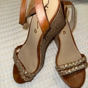 Unisa Tan and Gold Braided Wedge Sandals